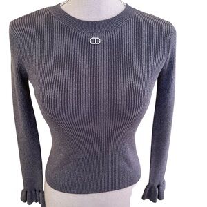 Twinset Grey with Silver Metallic Crew Neck Ribbed Sweater with Ruffle Cuffs